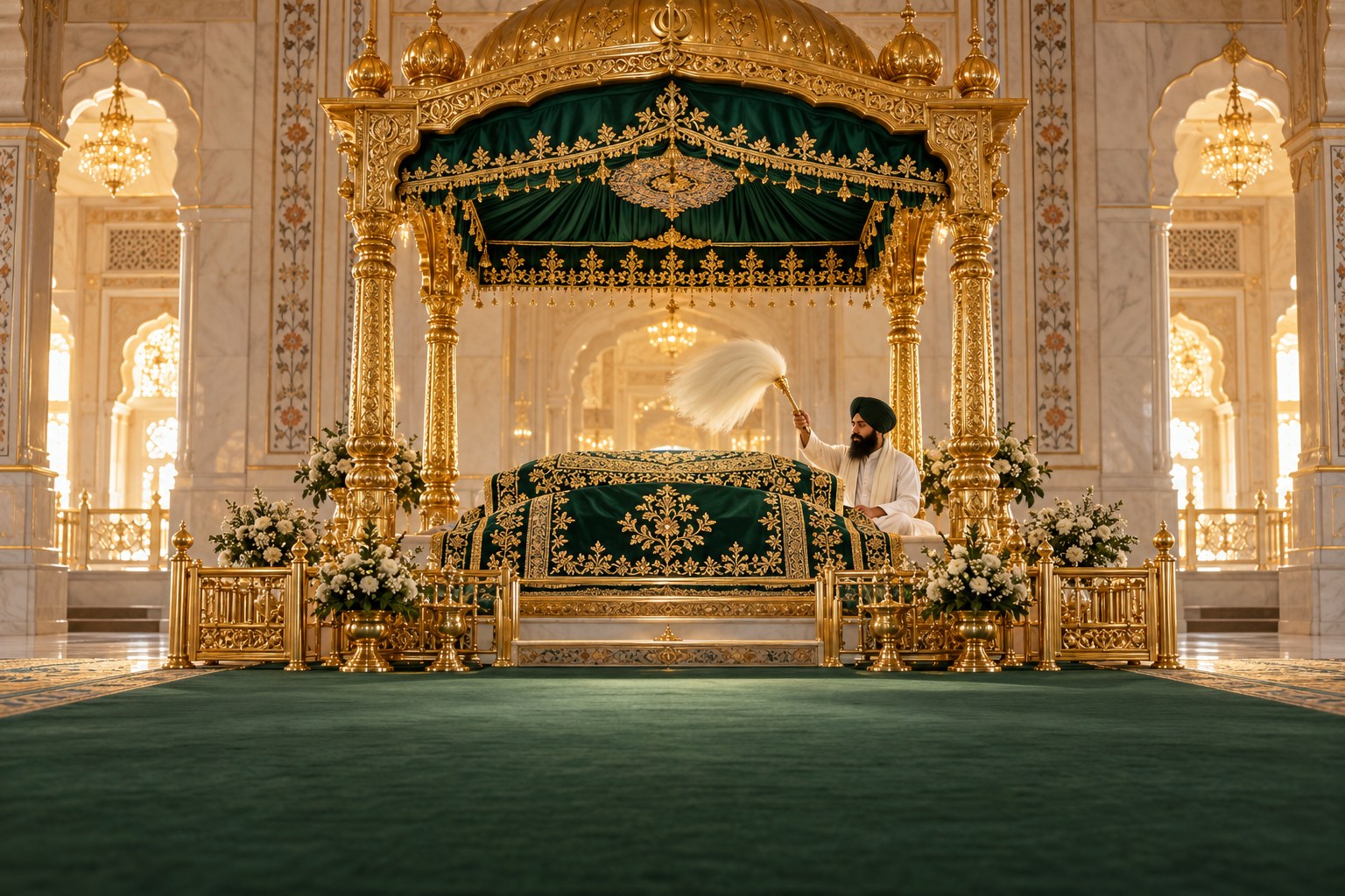 A green and gold Manji Sahib beneath an ornate canopy, with a Granthi performing Chaur Sahib seva